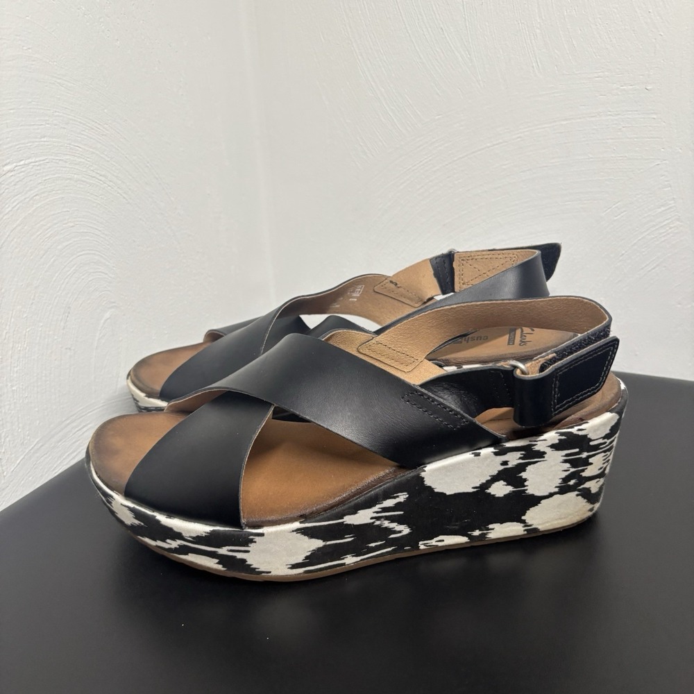 Clarks Stasha Hale Black & White Wedge Sandals Slingback Cross Strap Womens 7.5